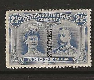 Rhodesia Double Head Two and a Halfpence overprinted SPECIMEN mounted mint
