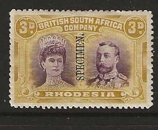 Rhodesia Double Head Three Pence overprinted SPECIMEN mounted mint