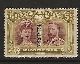 Rhodesia Double Head Five Pence overprinted SPECIMEN mounted mint