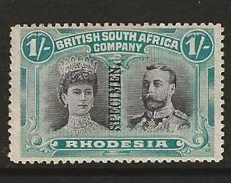 Rhodesia Double Head One Shilling overprinted SPECIMEN mounted mint