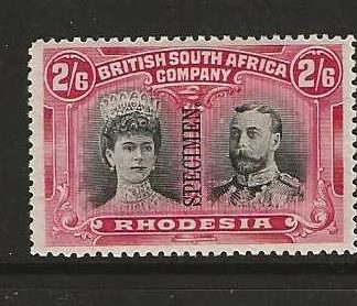 Rhodesia Double Head Two Shillings and Six Pence overprinted SPECIMEN mounted mint