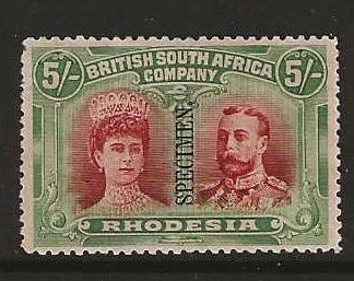 Rhodesia Double Head Five Shillings overprinted SPECIMEN mounted mint