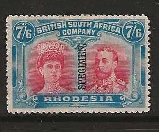 Rhodesia Double Head Seven Shillings and Six Pence overprinted SPECIMEN mounted mint