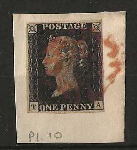 Great Britain 1840 QV Penny Black Plate 10 tied on piece