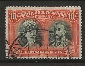 Rhodesia Double Head Ten Shillings Deep Myrtle and Orange SG 163 BULAWAYO remainder cancel