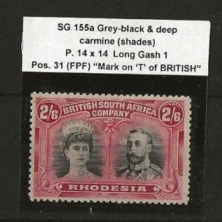 Rhodesia Double Head Two Shillings and Six Pence Pos 31 mark on T of British SG 155a mounted mint