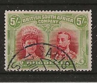 Rhodesia Double Head Five Shillings Crimson and Yellow Green SG 160a Salisbury remainder cancel