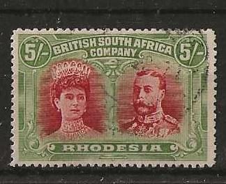Rhodesia Double Head Five Shillings Vermilion and Deep Green SG 159 fine used