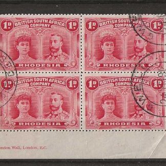 Rhodesia Double Head One Penny block of four with Part Imprint and remainder cancel