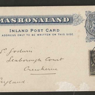 Rhodesia One Penny 1895 Inland Post Card uprated to England