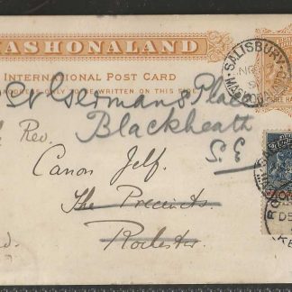 Rhodesia International Post Card 1897 uprated and redirected to England