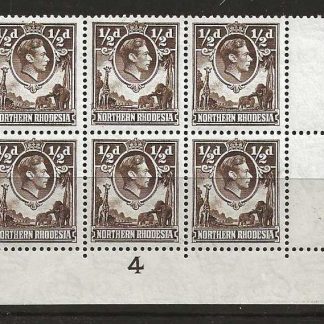 Northern Rhodesia 1938 GVI Halfpenny Plate 4 block SG 26 unmounted mint