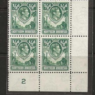 Northern Rhodesia 1938 GVI Half Penny Plate 2 block SG 25 unmounted mint