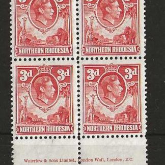 Northern Rhodesia 1951 GVI Three Pence Imprint block SG 35 unmounted mint