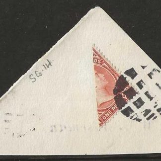 Falkland Islands QV One Penny SG 14 bi-sect on piece with cork cancels and dealer marks on back