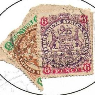 Rhodesia 1896 Three Shillings Hut Tax with Five Shillings bisect used on piece