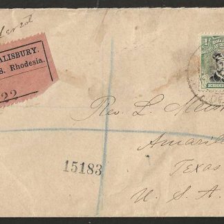 Rhodesia 1920 One Shilling Admiral on Registered cover to United States