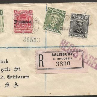 Rhodesia 1920 Registered cover to United States