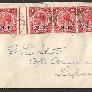Nyasaland 1918 envelope with gutter strip of five One Penny and a Four Pence postmarked F.P.O. 7
