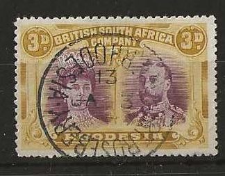 Rhodesia Double Head Three Pence with a FORT ROSEBERRY inverted Month and Day (SC) postmark