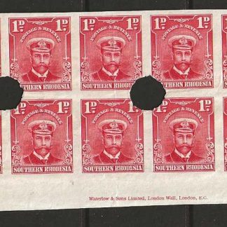 Southern Rhodesia 1924 GV Admiral One  Penny block of twenty Imperf with Imprint from Waterlow Progressive