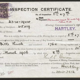Rhodesia 1904 Mining Inspection certificate for Bills Luck with £1 Small Arms