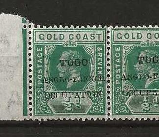 Togo 1915 GV Anglo/French Occupation Halfpenny pair with normal small F in French flaw SG H34a unmounted mint