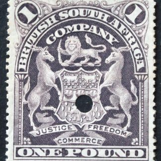 Rhodesia 1901 Arms One Pound with small punch hole from printers archive SG 90