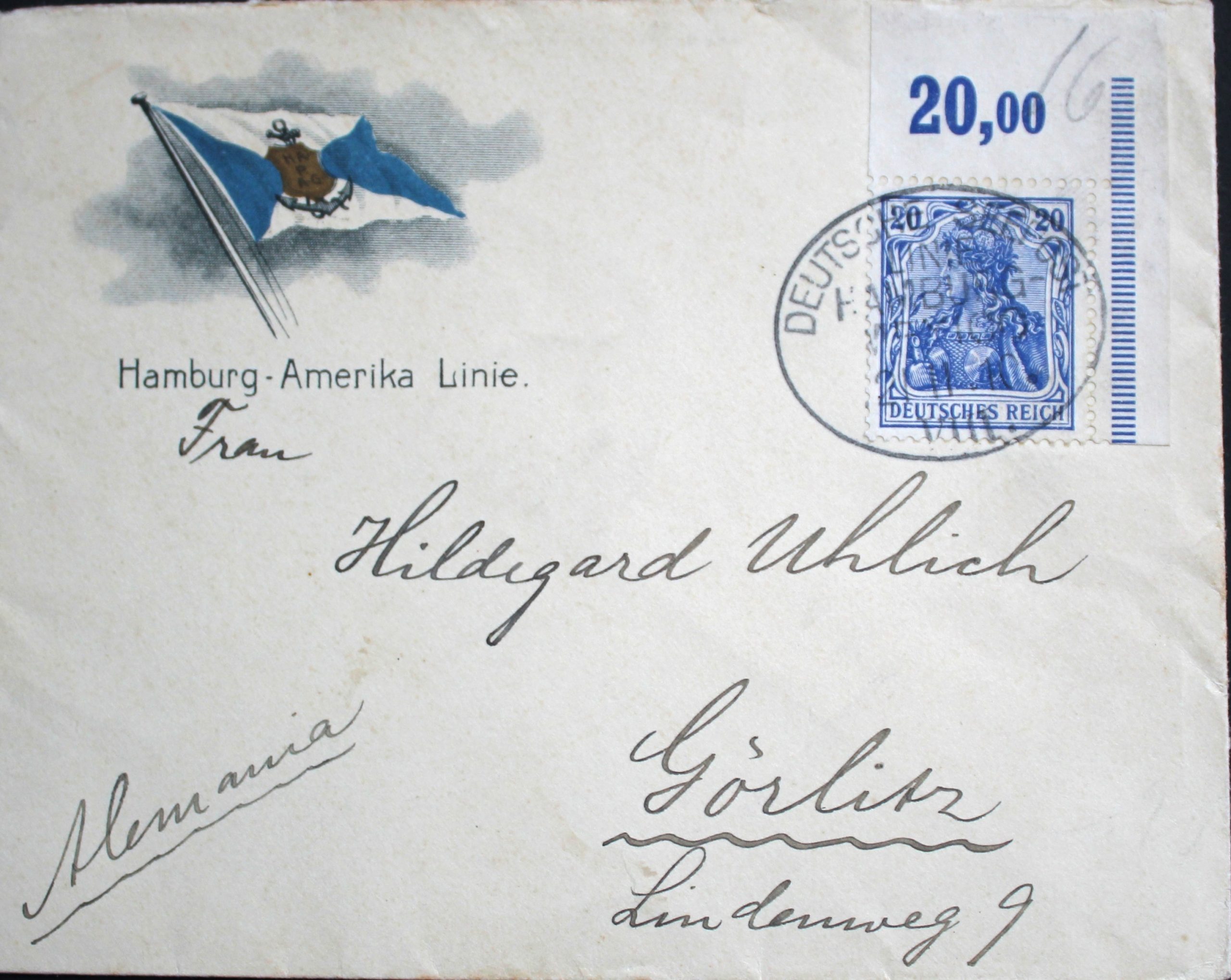 Germany 1910 Hamburg Amerika Line stationery sent to Gorlitz